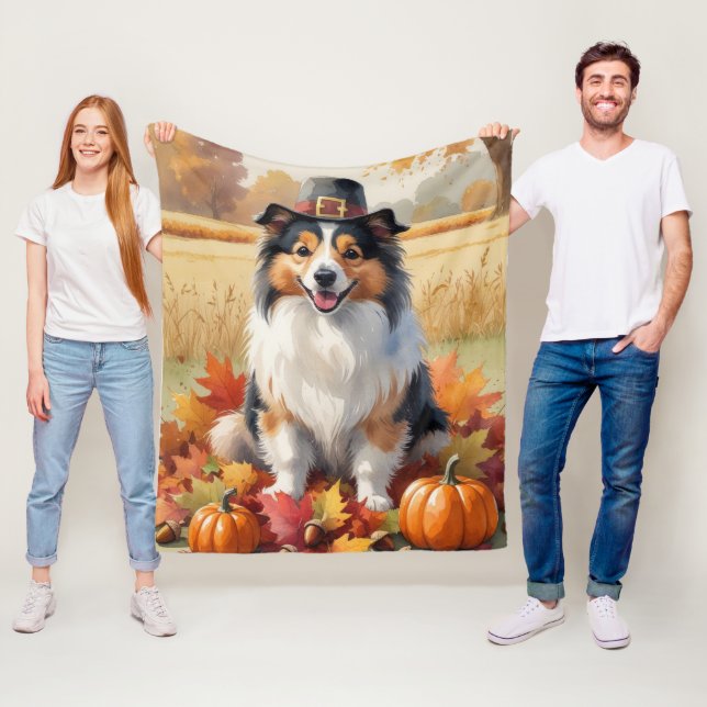 Shetland Sheepdog Autumn Leaves Thanksgiving Art Fleece Blanket (In Situ)
