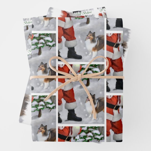 Shetland Sheepdog Believe Christmas Wrapping Paper Sheet (In situ)