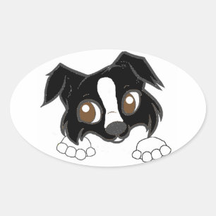 Shetland Sheepdog Black and White Peeking Cartoon Oval Sticker