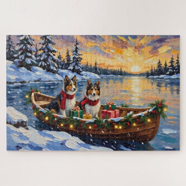 Shetland Sheepdog Christmas Boat Holiday Jigsaw Puzzle (Horizontal)