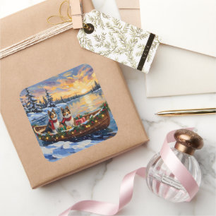 Shetland Sheepdog Christmas Boat Holiday Square Sticker