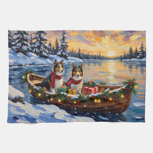 Shetland Sheepdog Christmas Boat Holiday Tea Towel (Horizontal)