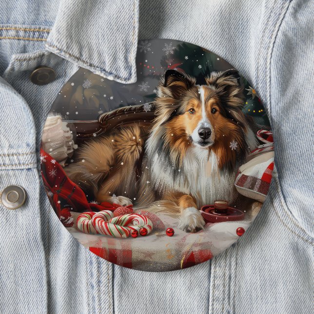 Shetland Sheepdog Christmas Festive 6 Cm Round Badge (In Situ)
