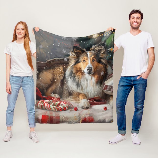 Shetland Sheepdog Christmas Festive Fleece Blanket (In Situ)