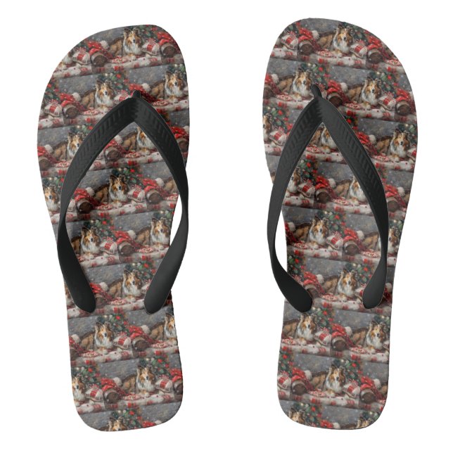 Shetland Sheepdog Christmas Festive Flip Flops (Footbed)