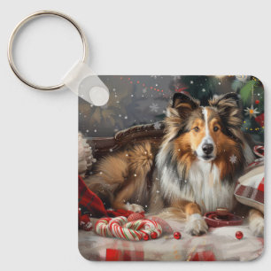 Shetland Sheepdog Christmas Festive Key Ring