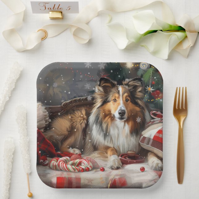 Shetland Sheepdog Christmas Festive Paper Plate (Wedding)