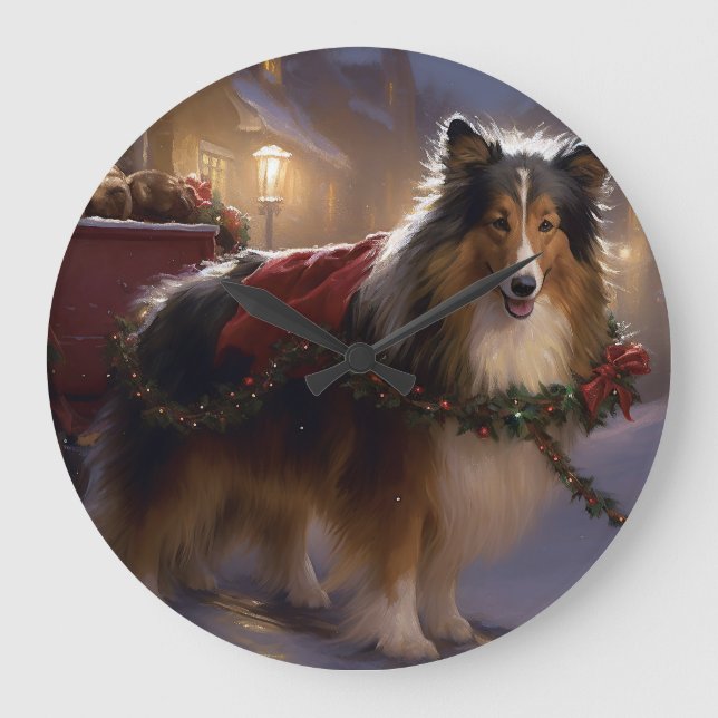 Shetland Sheepdog Christmas Festive Season  Large Clock (Front)