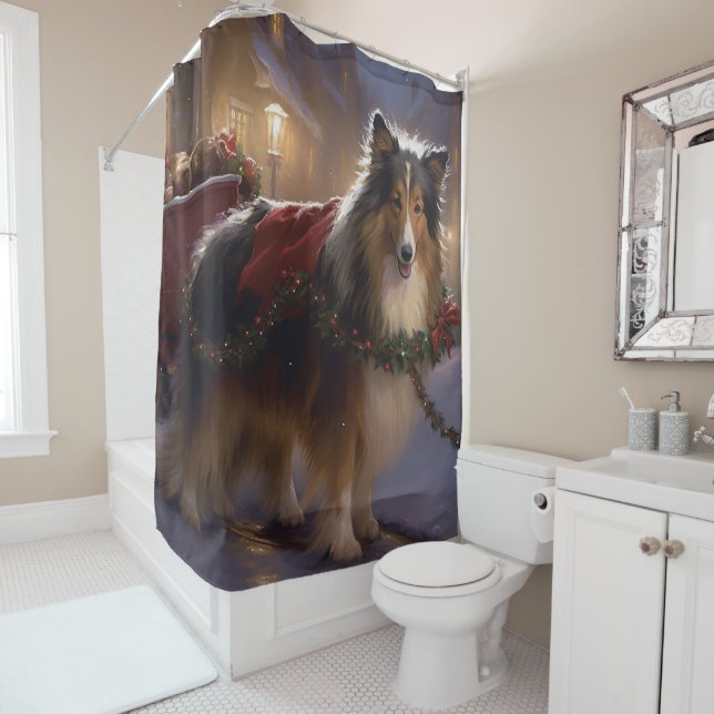 Shetland Sheepdog Christmas Festive Season  Shower Curtain (In Situ)