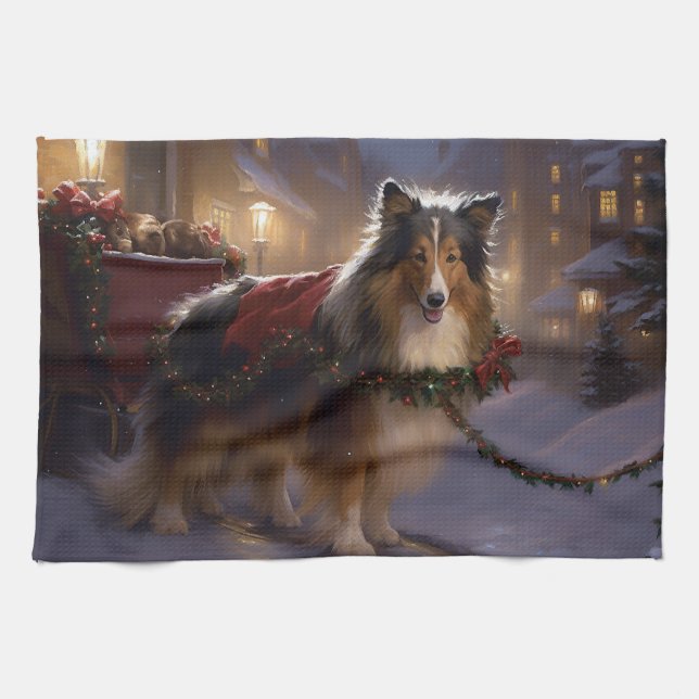 Shetland Sheepdog Christmas Festive Season  Tea Towel (Horizontal)