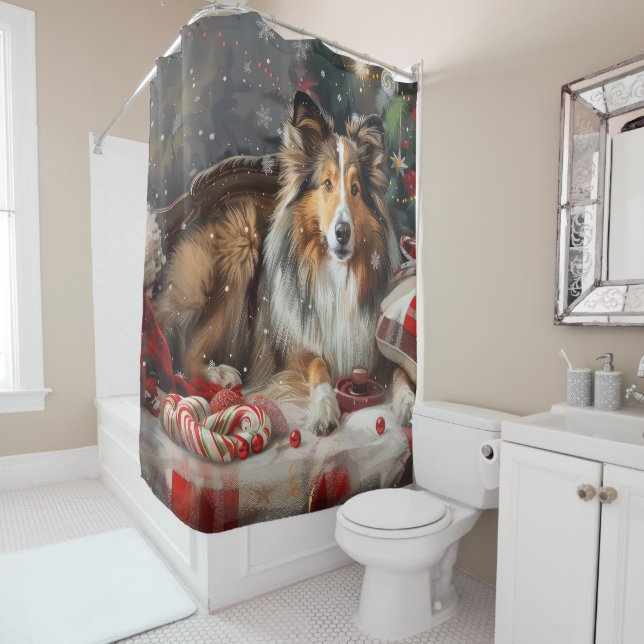 Shetland Sheepdog Christmas Festive Shower Curtain (In Situ)
