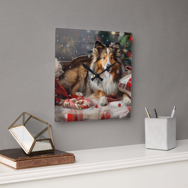 Shetland Sheepdog Christmas Festive Square Wall Clock (Office)