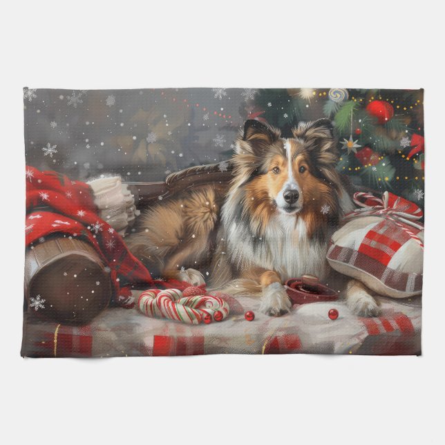 Shetland Sheepdog Christmas Festive Tea Towel (Horizontal)