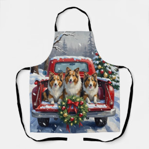 Shetland Sheepdog Christmas Red Truck Holiday Apron