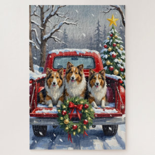 Shetland Sheepdog Christmas Red Truck Holiday Jigsaw Puzzle