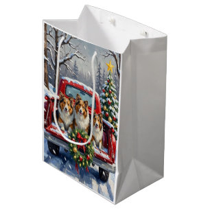 Shetland Sheepdog Christmas Red Truck Holiday Medium Gift Bag