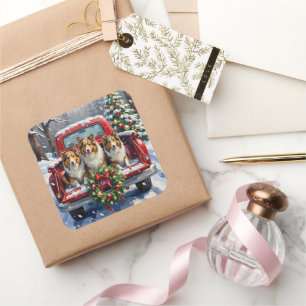 Shetland Sheepdog Christmas Red Truck Holiday Square Sticker