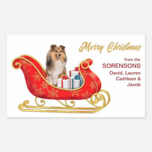 Shetland Sheepdog Christmas Sleigh Rectangular Sticker (Front)