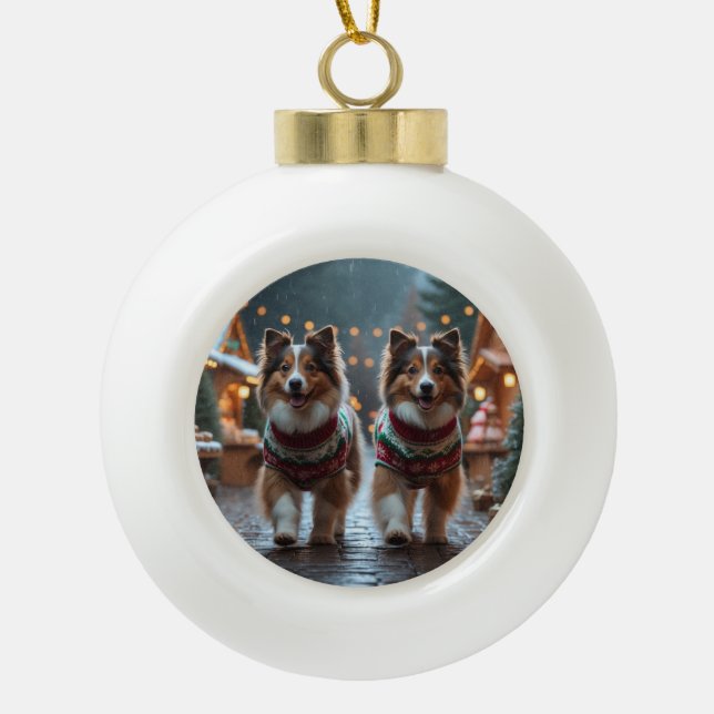 Shetland Sheepdog Christmas Snow Holiday  Ceramic Ball Christmas Ornament (Front)