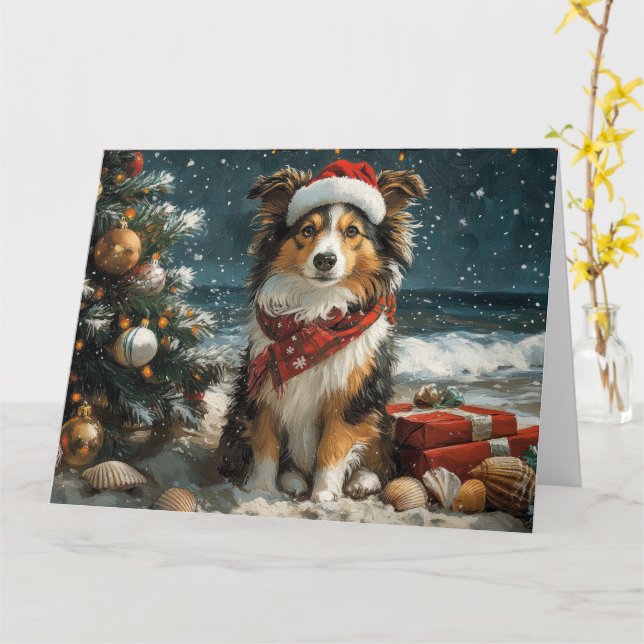 Shetland Sheepdog Christmas Vintage Beach  Card (Yellow Flower)