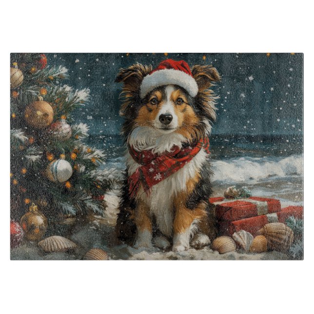 Shetland Sheepdog Christmas Vintage Beach  Cutting Board (Front)