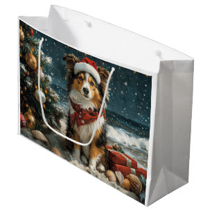 Shetland Sheepdog Christmas Vintage Beach  Large Gift Bag