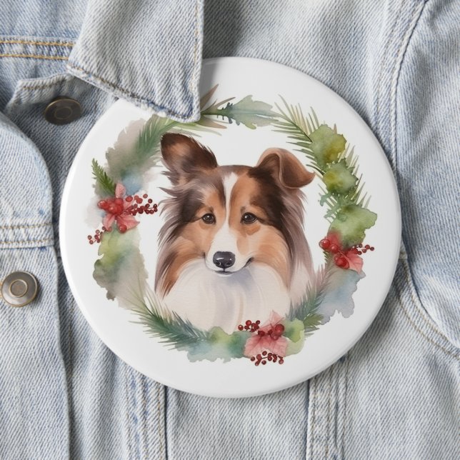 Shetland Sheepdog Christmas Wreath Festive Pup 6 Cm Round Badge (In Situ)