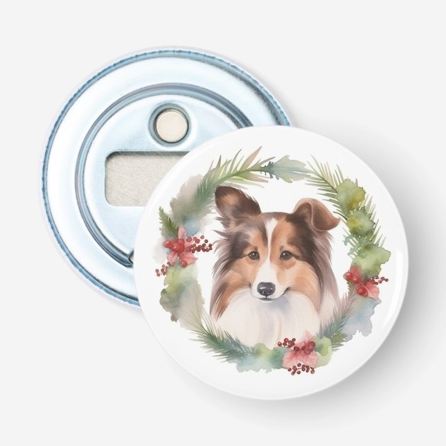 Shetland Sheepdog Christmas Wreath Festive Pup Bottle Opener (Front)