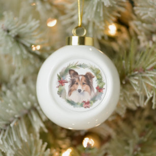 Shetland Sheepdog Christmas Wreath Festive Pup Ceramic Ball Christmas Ornament