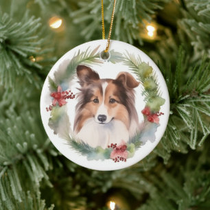 Shetland Sheepdog Christmas Wreath Festive Pup Ceramic Tree Decoration