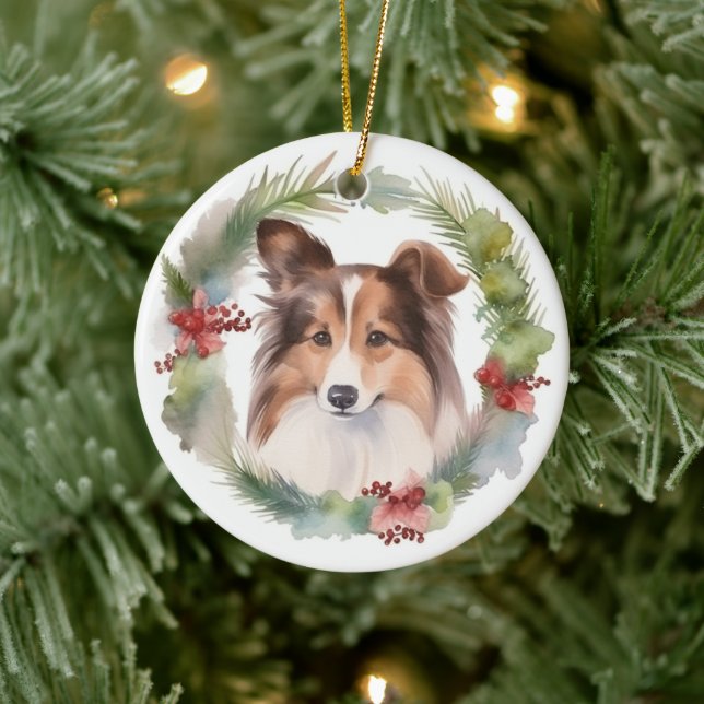 Shetland Sheepdog Christmas Wreath Festive Pup Ceramic Tree Decoration (Tree)