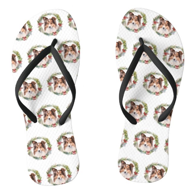 Shetland Sheepdog Christmas Wreath Festive Pup Flip Flops (Footbed)