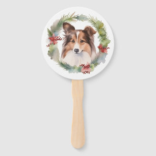 Shetland Sheepdog Christmas Wreath Festive Pup Hand Fan