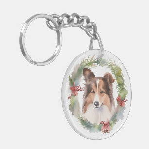 Shetland Sheepdog Christmas Wreath Festive Pup Key Ring