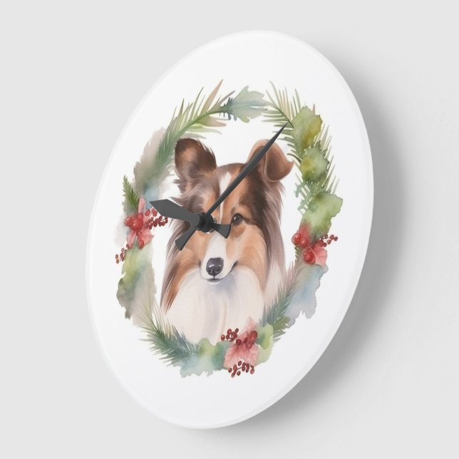 Shetland Sheepdog Christmas Wreath Festive Pup Large Clock (Angle)