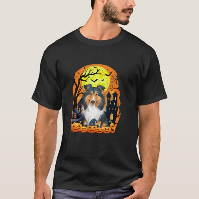 Shetland Sheepdog Dog With Pumpkins Scary Hallowee T-Shirt (Front)