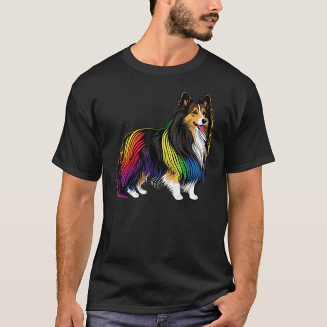 Shetland Sheepdog Gay Pride LGBT Rainbow Flag Shel T-Shirt (Front)