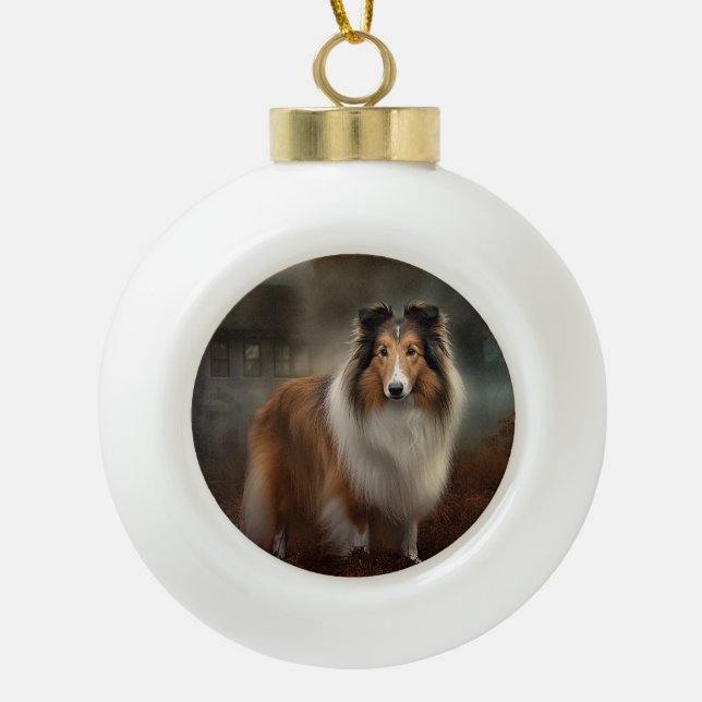 Shetland Sheepdog Halloween Scary Ceramic Ball Christmas Ornament (Front)