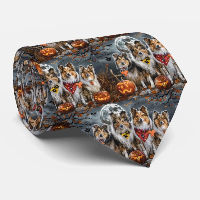 Shetland Sheepdog Halloween Spooky  Tie (Rolled)