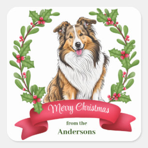 Shetland Sheepdog Holly Banner Christmas Square Sticker