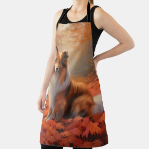 Shetland Sheepdog in Autumn Leaves Fall Inspire  Apron