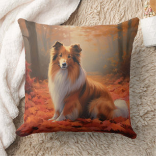 Shetland Sheepdog in Autumn Leaves Fall Inspire  Cushion