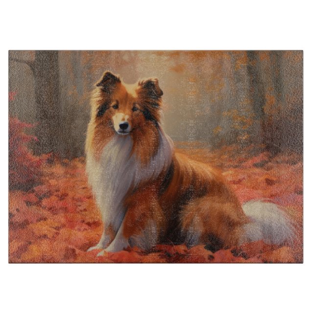Shetland Sheepdog in Autumn Leaves Fall Inspire  Cutting Board (Front)
