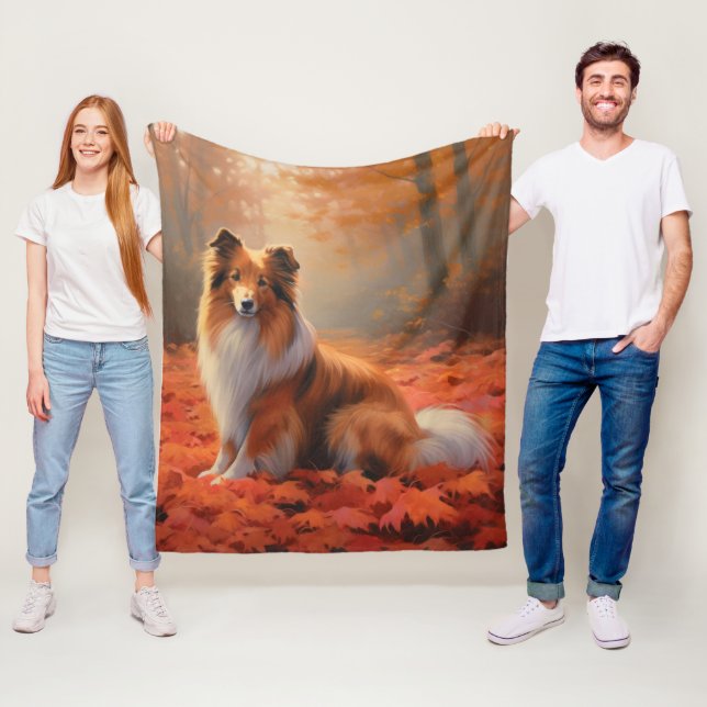 Shetland Sheepdog in Autumn Leaves Fall Inspire  Fleece Blanket (In Situ)
