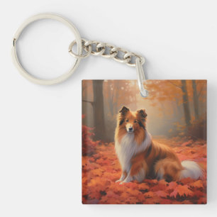 Shetland Sheepdog in Autumn Leaves Fall Inspire  Key Ring