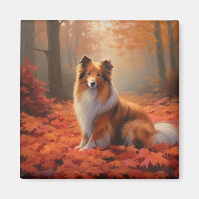 Shetland Sheepdog in Autumn Leaves Fall Inspire  Magnet (Front)