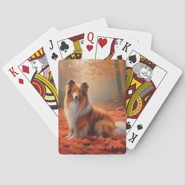 Shetland Sheepdog in Autumn Leaves Fall Inspire  Playing Cards (Back)
