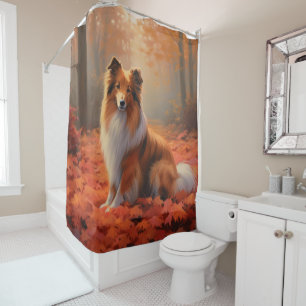 Shetland Sheepdog in Autumn Leaves Fall Inspire  Shower Curtain