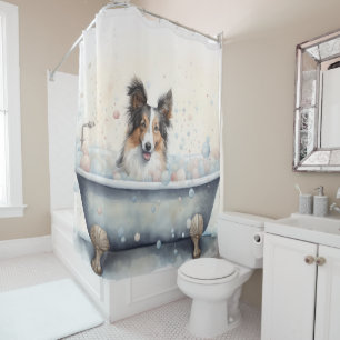 Shetland Sheepdog In Bathtub Watercolor Dog Art  Shower Curtain