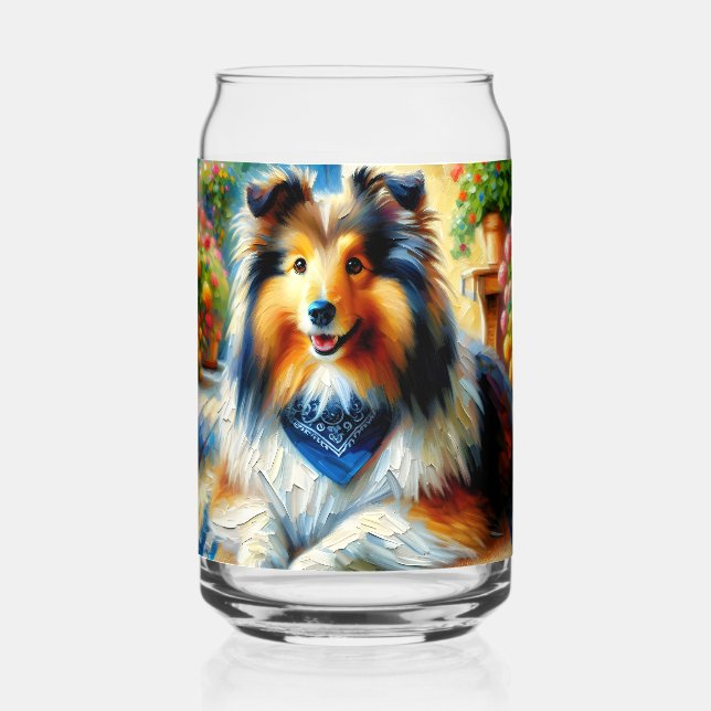 Shetland Sheepdog in Cottage Garden Scene Can Glass (Front)